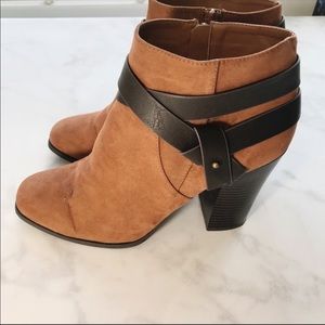 Express brown faux suede wrap strap boots